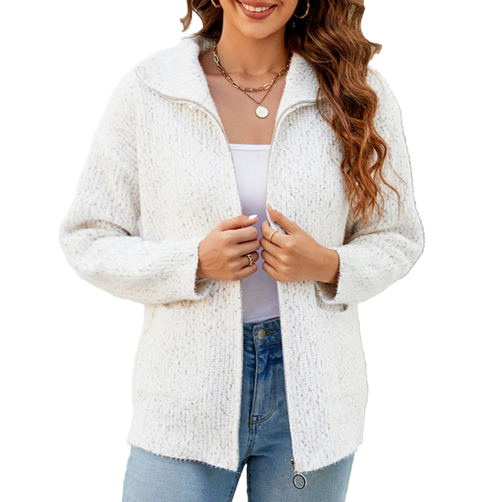 Women Full Zip Sweater Long Sleeve Turn Down Collar Loose Fit Knitted Outerwear with Side Pockets Beige L