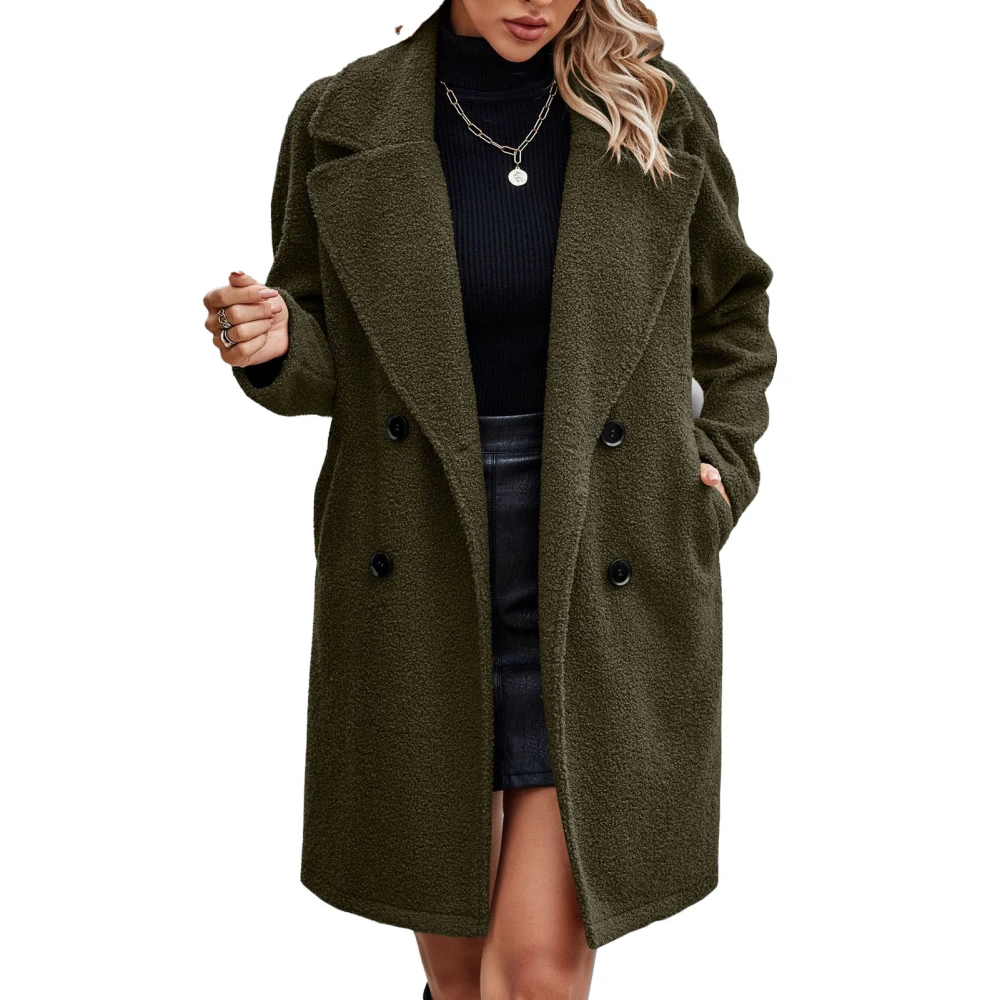 Women Winter Coat Turn Down Collar Double Breasted Pure Color Casual Overcoat with Side Pockets OD Green L