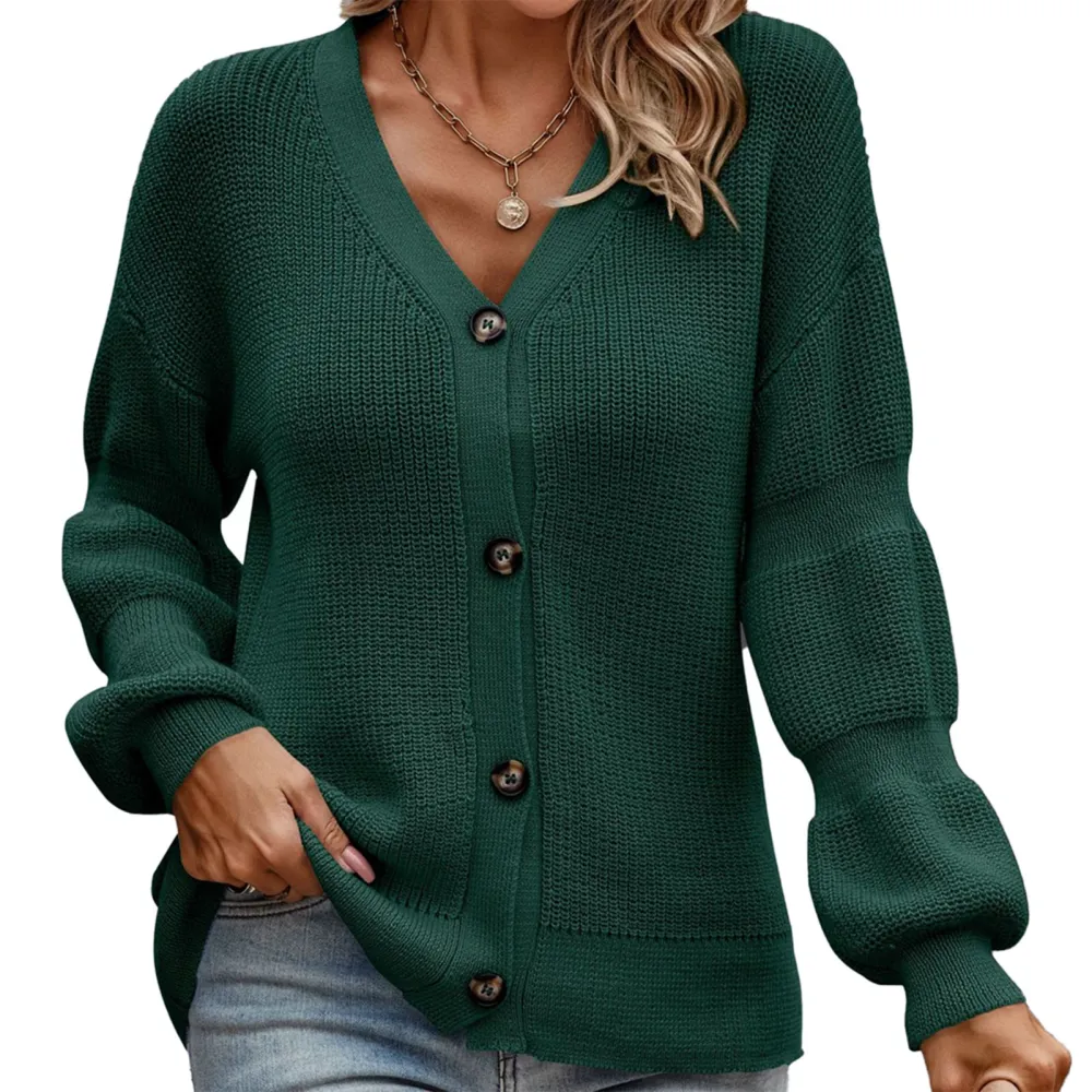 Open Front Knitted Sweater Long Lantern Sleeve V Neckline Single Breasted Sweater for Winter Autume Blackish Green XL