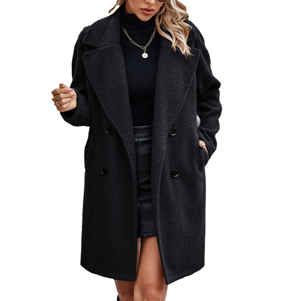 Women Winter Coat Turn Down Collar Double Breasted Pure Color Casual Overcoat with Side Pockets Black XL