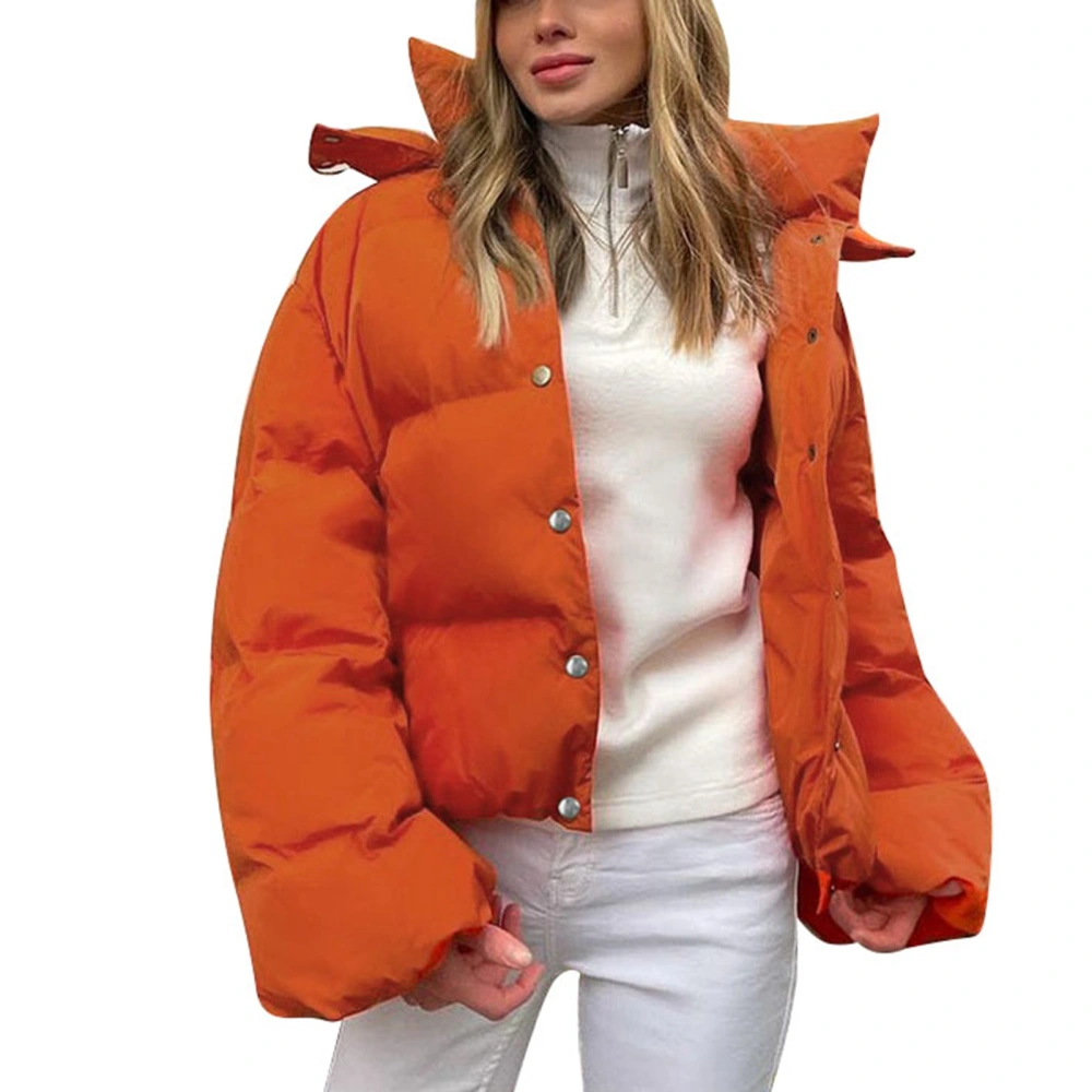 Short Pocket Padded Coat Long Sleeve Button Pocket Plain Color Hooded Zipper Thicken Padded Coat for Daily Life Orange M