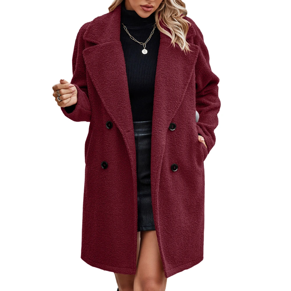 Women Winter Coat Turn Down Collar Double Breasted Pure Color Casual Overcoat with Side Pockets Wine Red M