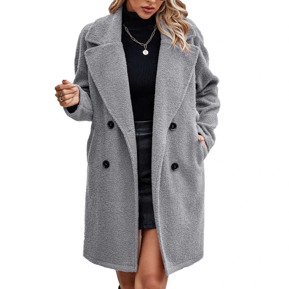 Women Winter Coat Turn Down Collar Double Breasted Pure Color Casual Overcoat with Side Pockets Light Gray S