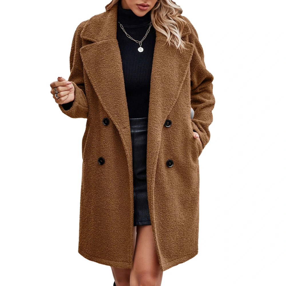 Women Winter Coat Turn Down Collar Double Breasted Pure Color Casual Overcoat with Side Pockets Golden Camel XL