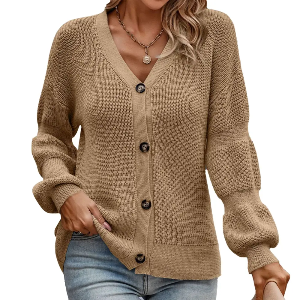 Open Front Knitted Sweater Long Lantern Sleeve V Neckline Single Breasted Sweater for Winter Autume Light Brown S