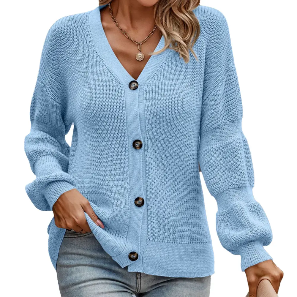 Open Front Knitted Sweater Long Lantern Sleeve V Neckline Single Breasted Sweater for Winter Autume Light Blue L