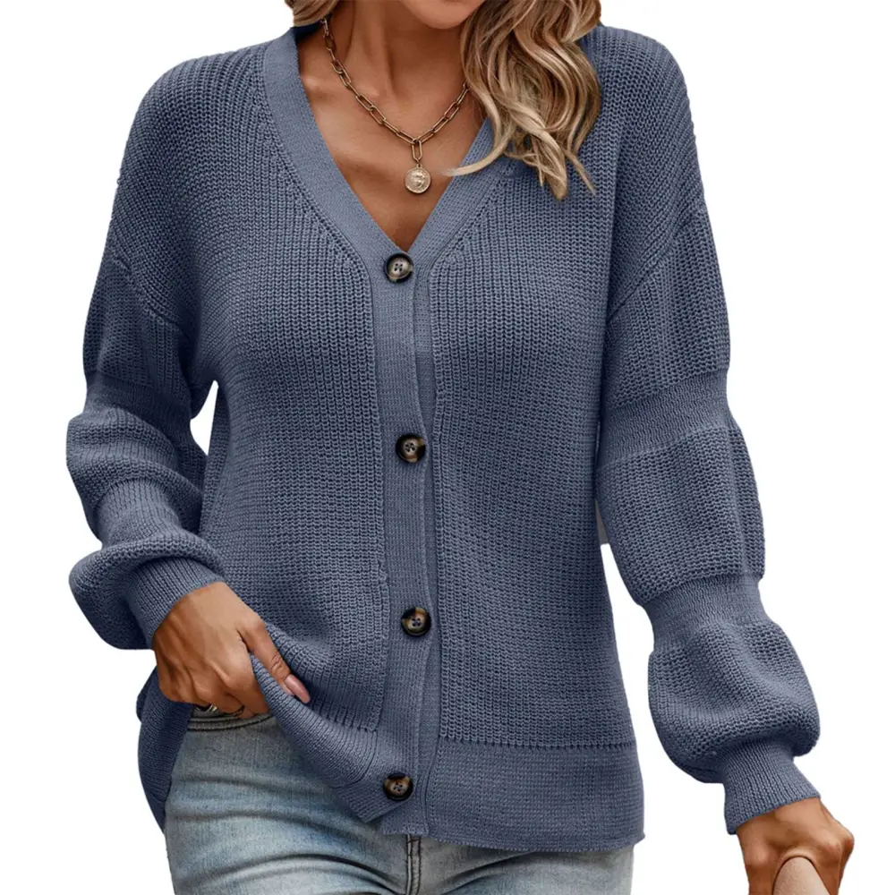 Open Front Knitted Sweater Long Lantern Sleeve V Neckline Single Breasted Sweater for Winter Autume Grayish Blue XL