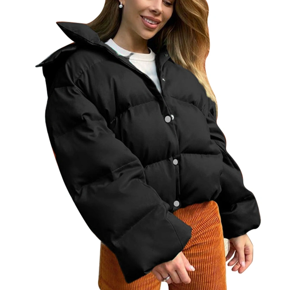 Short Pocket Padded Coat Long Sleeve Button Pocket Plain Color Hooded Zipper Thicken Padded Coat for Daily Life Black M