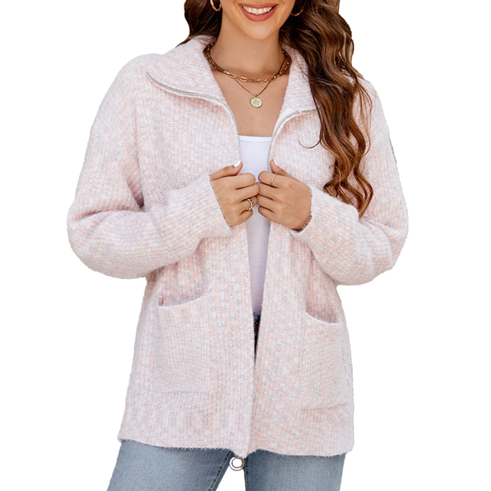 Women Full Zip Sweater Long Sleeve Turn Down Collar Loose Fit Knitted Outerwear with Side Pockets Pink M