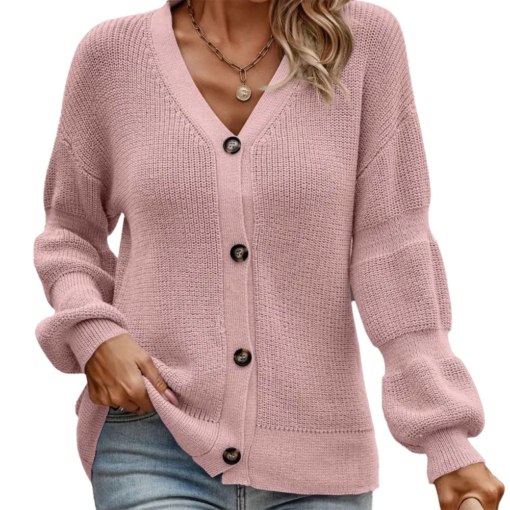 Open Front Knitted Sweater Long Lantern Sleeve V Neckline Single Breasted Sweater for Winter Autume Pink S