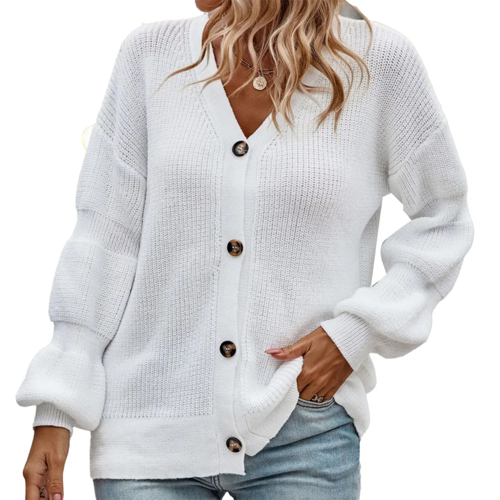 Open Front Knitted Sweater Long Lantern Sleeve V Neckline Single Breasted Sweater for Winter Autume White M