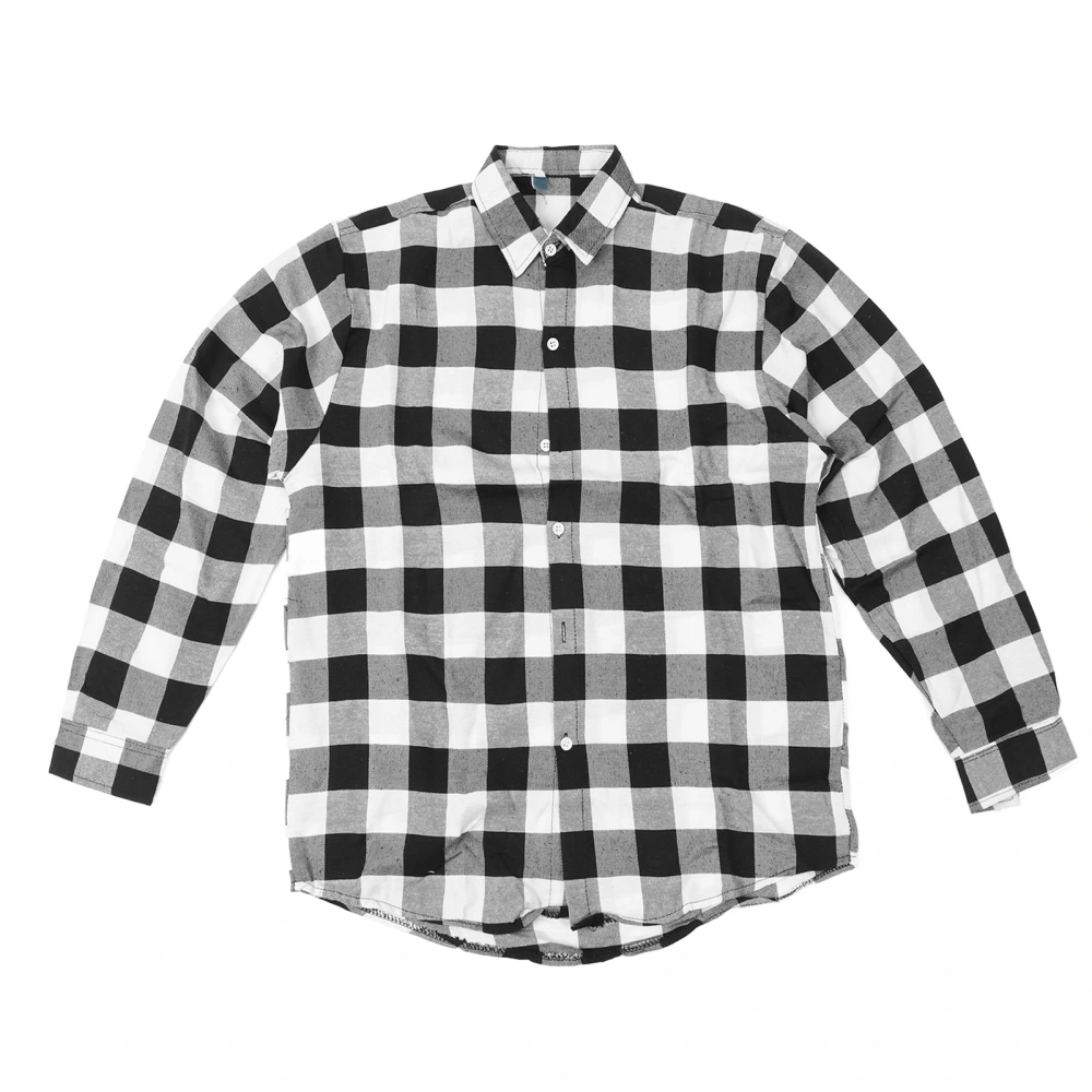 Men Plaid Shirt Fashion Casual Black Checked Long Sleeve Shirt Boys Loose Tops for Fall Winter White XL