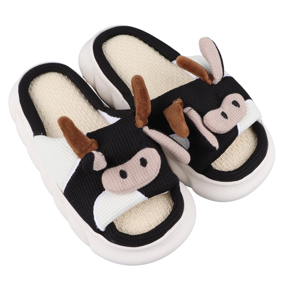 Cute Cartoon Cow Slides Skidproof Indoor Mute Linen Slippers Open Toe Flax Slippers for Women Black 38 39