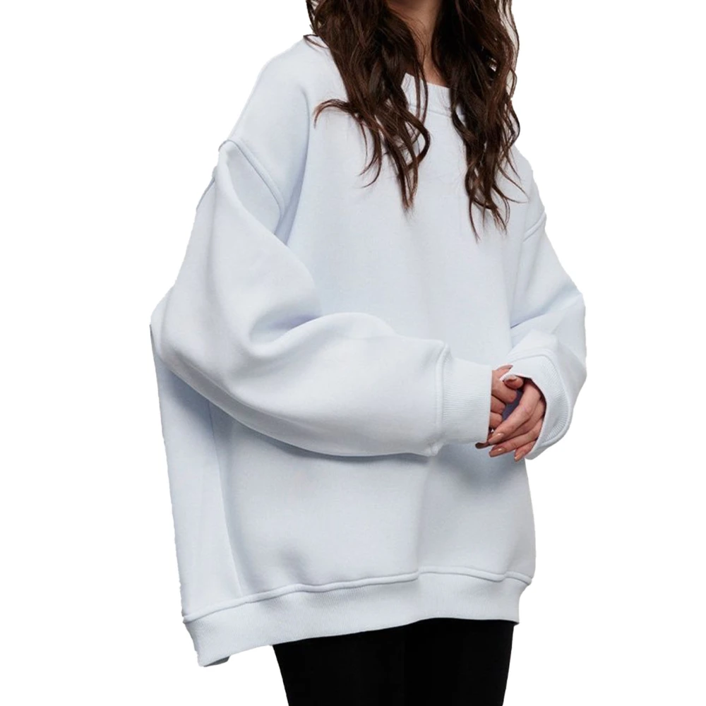 Woman Pure Color Pullover Sweatshirt Oversize Round Neck Rib Knit Fleece Long Sleeve Sweatshirt White L