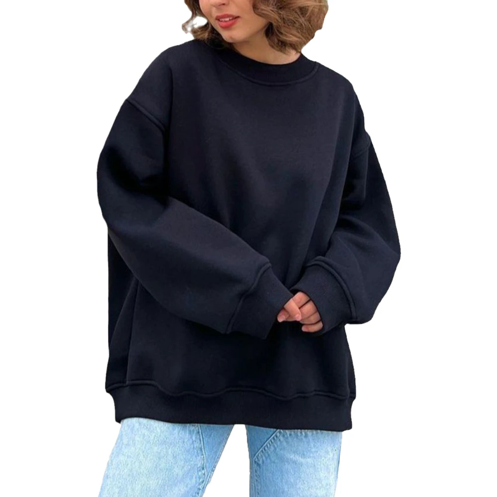 Woman Pure Color Pullover Sweatshirt Oversize Round Neck Rib Knit Fleece Long Sleeve Sweatshirt Black L