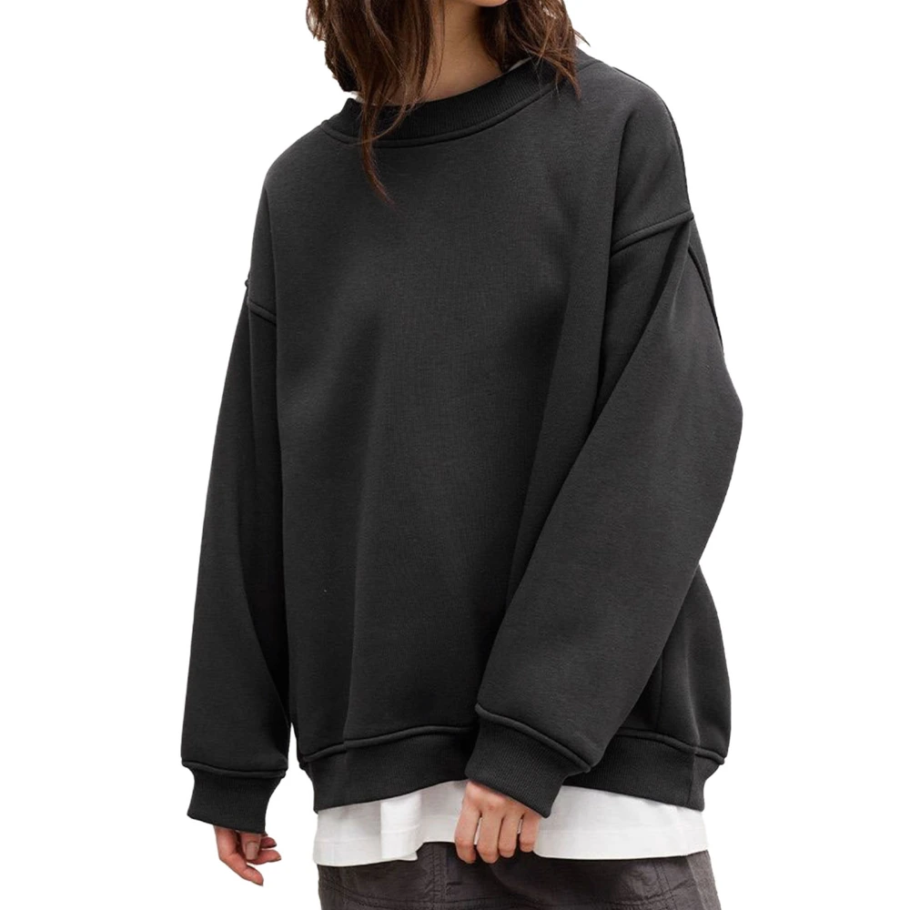 Woman Pure Color Pullover Sweatshirt Oversize Round Neck Rib Knit Fleece Long Sleeve Sweatshirt Dark Gray L