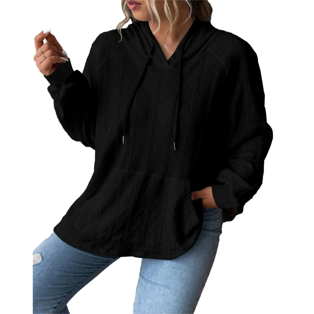 Woman Hooded Loose Top Drawstring Pocket Long Sleeve Comfortable Pullover Top for Daily Life Black XXL