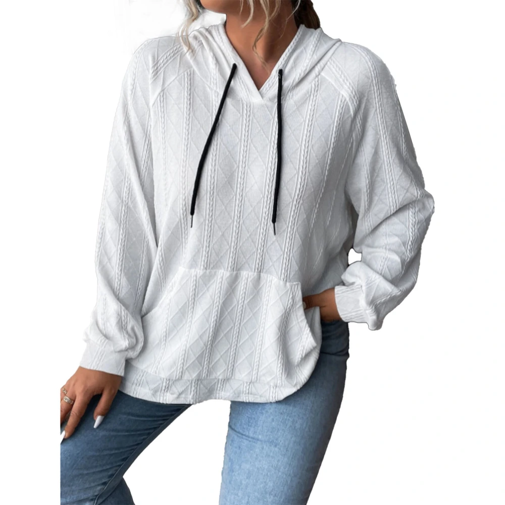 Woman Hooded Loose Top Drawstring Pocket Long Sleeve Comfortable Pullover Top for Daily Life White XL