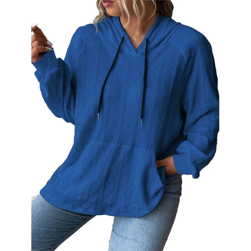 Woman Hooded Loose Top Drawstring Pocket Long Sleeve Comfortable Pullover Top for Daily Life Blue XL