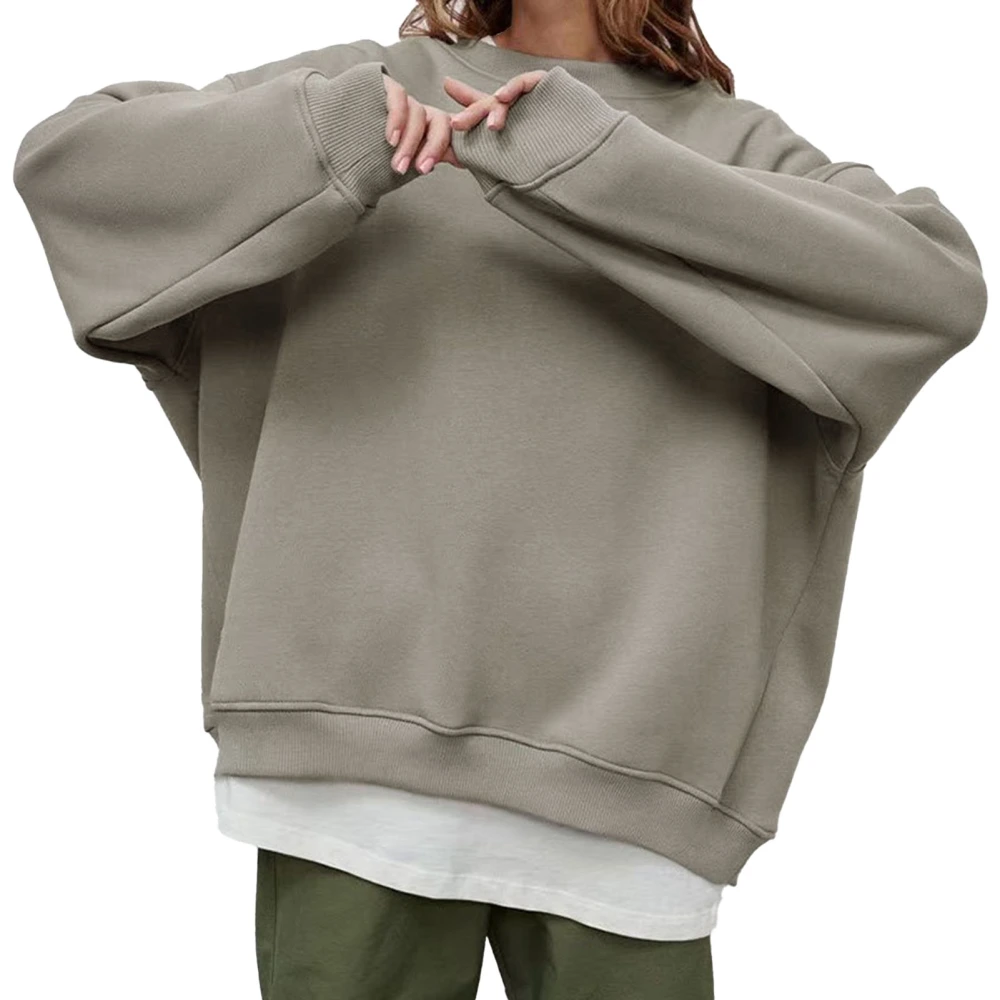 Woman Pure Color Pullover Sweatshirt Oversize Round Neck Rib Knit Fleece Long Sleeve Sweatshirt Light Gray S