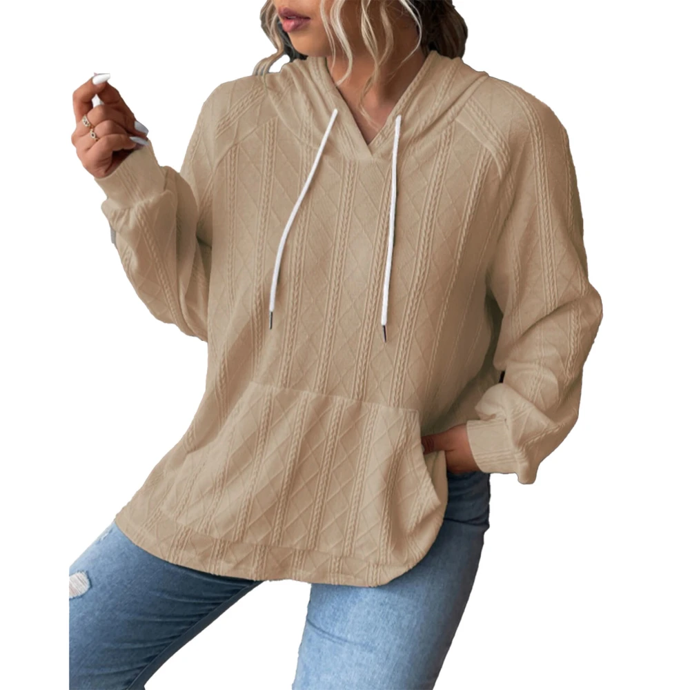 Woman Hooded Loose Top Drawstring Pocket Long Sleeve Comfortable Pullover Top for Daily Life Khaki L