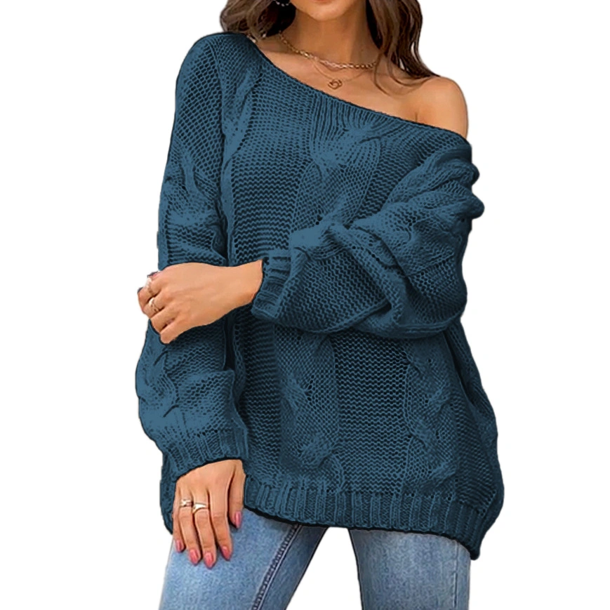 Women Knit Sweater Off Shoulder Long Sleeve Jacket Fashion Style Loose Solid Color Pullover Jumper Denim Blue M