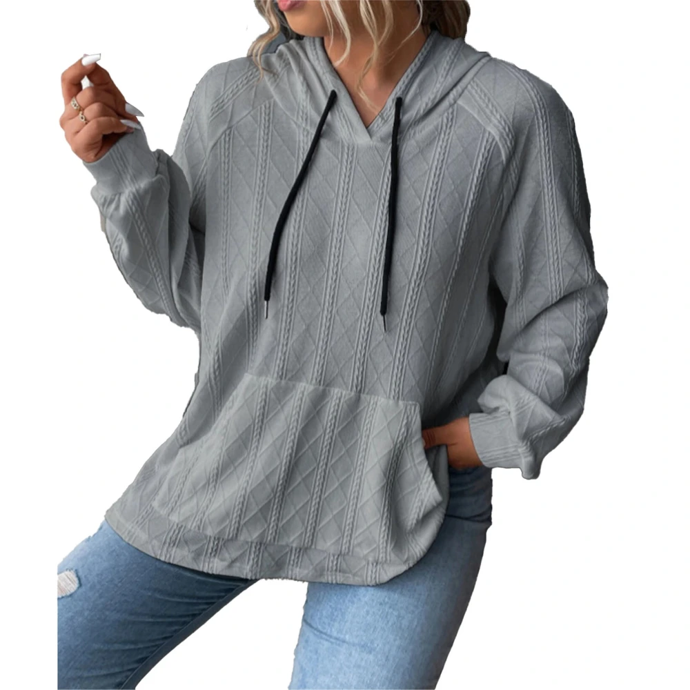 Woman Hooded Loose Top Drawstring Pocket Long Sleeve Comfortable Pullover Top for Daily Life Grey M