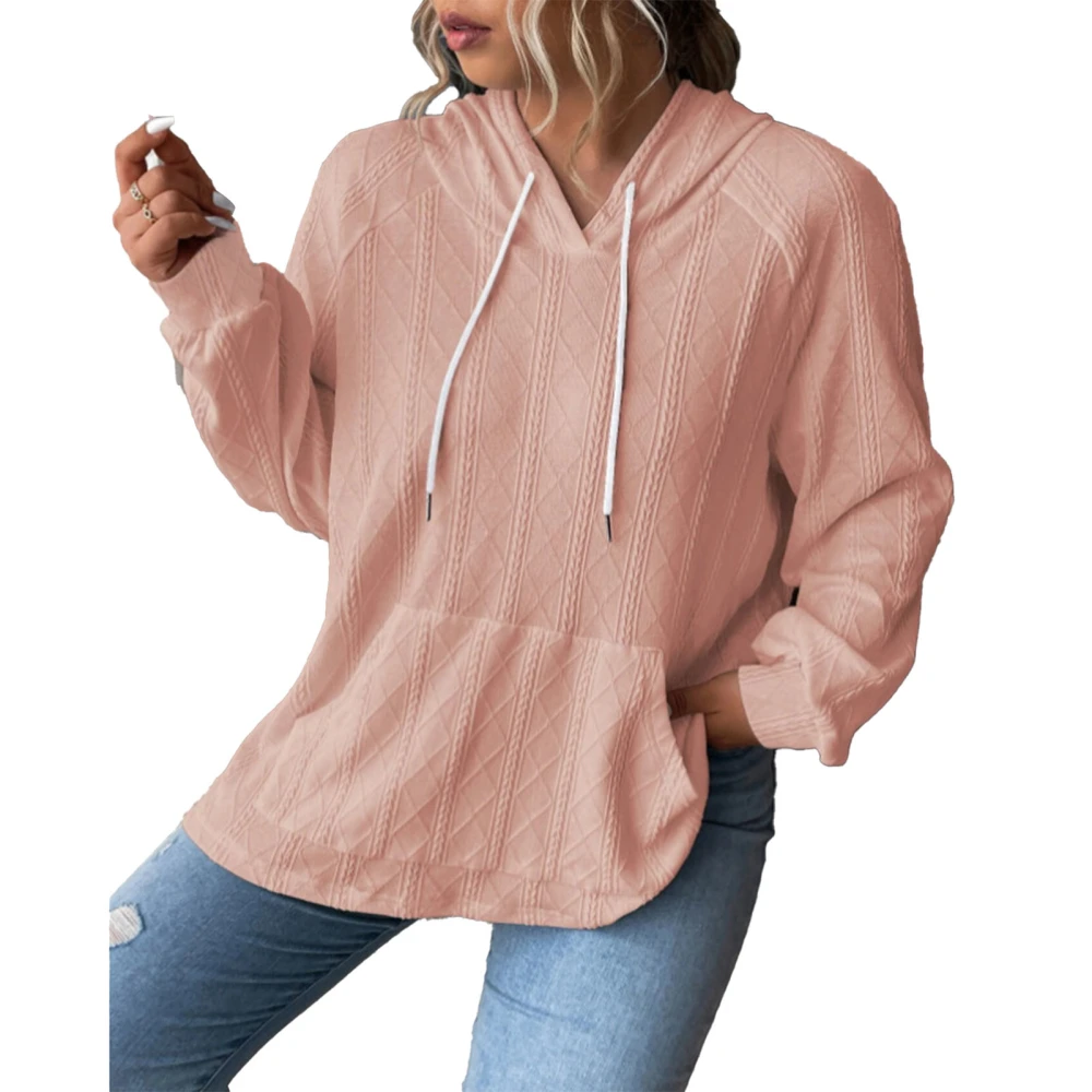 Woman Hooded Loose Top Drawstring Pocket Long Sleeve Comfortable Pullover Top for Daily Life Pink L