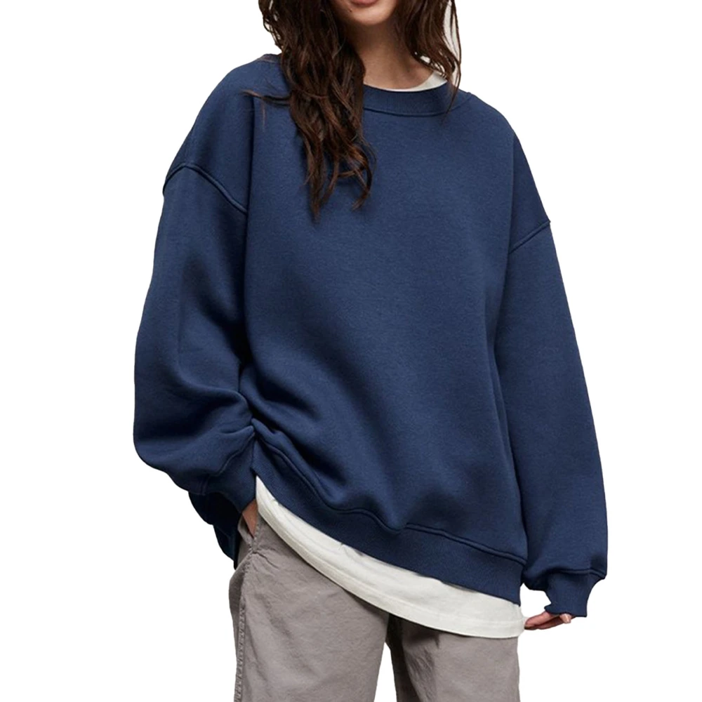 Woman Pure Color Pullover Sweatshirt Oversize Round Neck Rib Knit Fleece Long Sleeve Sweatshirt Dark Blue M