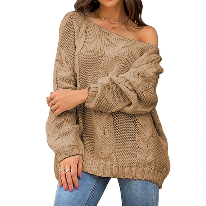 Women Knit Sweater Off Shoulder Long Sleeve Jacket Fashion Style Loose Solid Color Pullover Jumper Khaki M