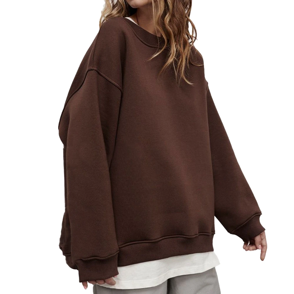 Woman Pure Color Pullover Sweatshirt Oversize Round Neck Rib Knit Fleece Long Sleeve Sweatshirt Coffee Color L