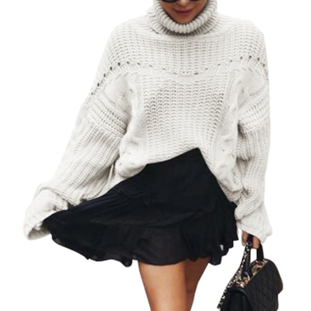 Hollow Out Knit Sweater Breathable Soft Skin Friendly High Neck Long Sleeve Sweater for Party Date White M