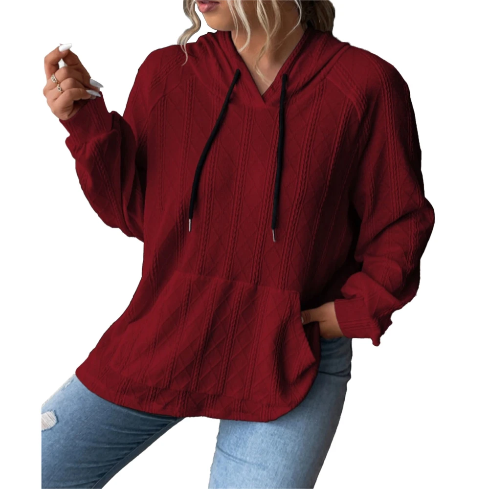 Woman Hooded Loose Top Drawstring Pocket Long Sleeve Comfortable Pullover Top for Daily Life Wine Red L