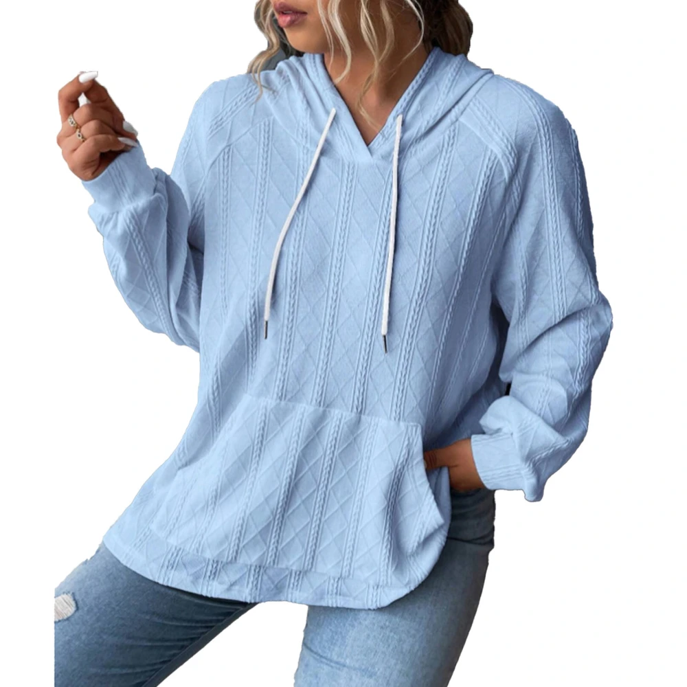 Woman Hooded Loose Top Drawstring Pocket Long Sleeve Comfortable Pullover Top for Daily Life Light Blue L