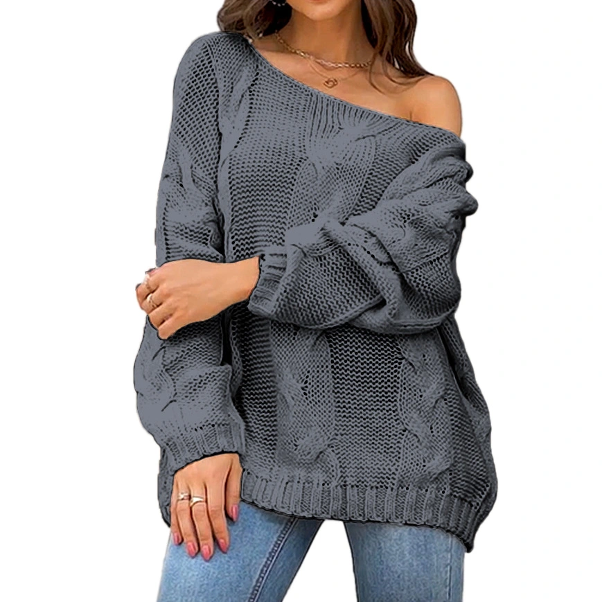 Women Knit Sweater Off Shoulder Long Sleeve Jacket Fashion Style Loose Solid Color Pullover Jumper Gray M