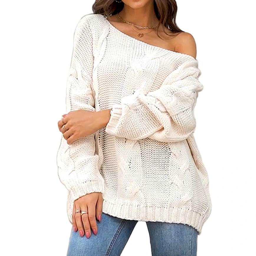 Women Knit Sweater Off Shoulder Long Sleeve Jacket Fashion Style Loose Solid Color Pullover Jumper White M