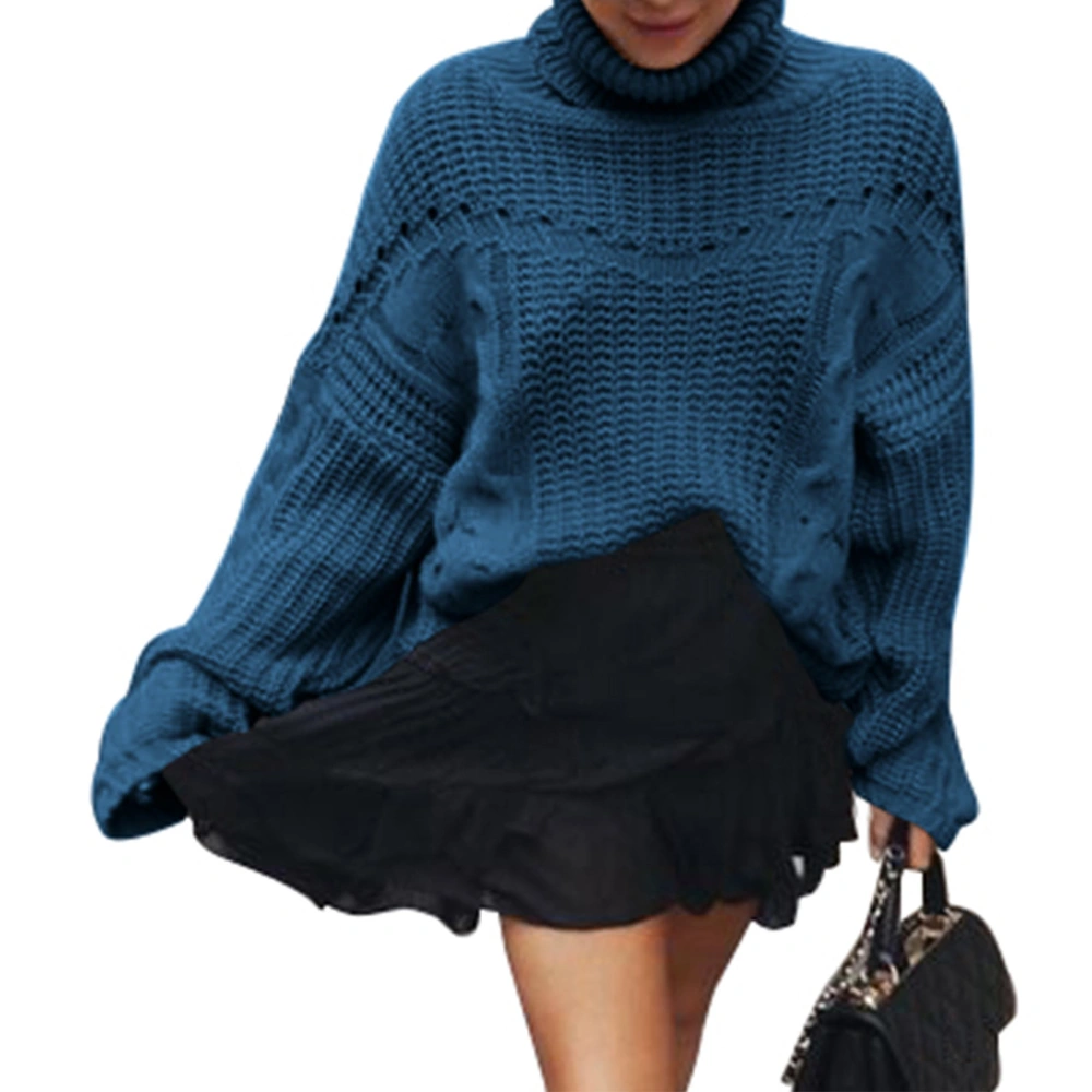 Hollow Out Knit Sweater Breathable Soft Skin Friendly High Neck Long Sleeve Sweater for Party Date Lake Blue XL