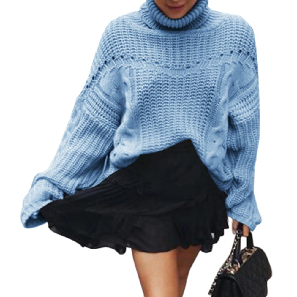 Hollow Out Knit Sweater Breathable Soft Skin Friendly High Neck Long Sleeve Sweater for Party Date Sky Blue L