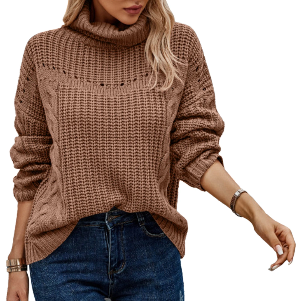 Hollow Out Knit Sweater Breathable Soft Skin Friendly High Neck Long Sleeve Sweater for Party Date Coffee M