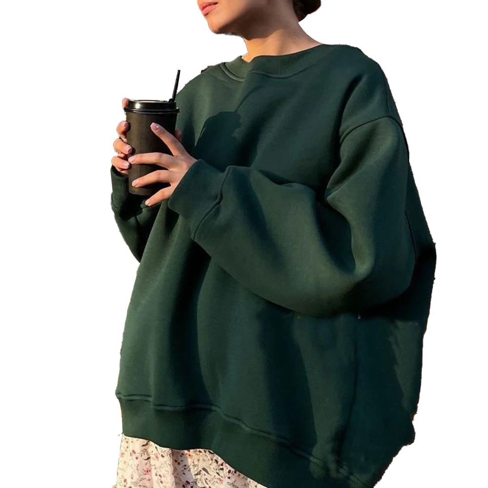 Woman Pure Color Pullover Sweatshirt Oversize Round Neck Rib Knit Fleece Long Sleeve Sweatshirt Blackish Green S