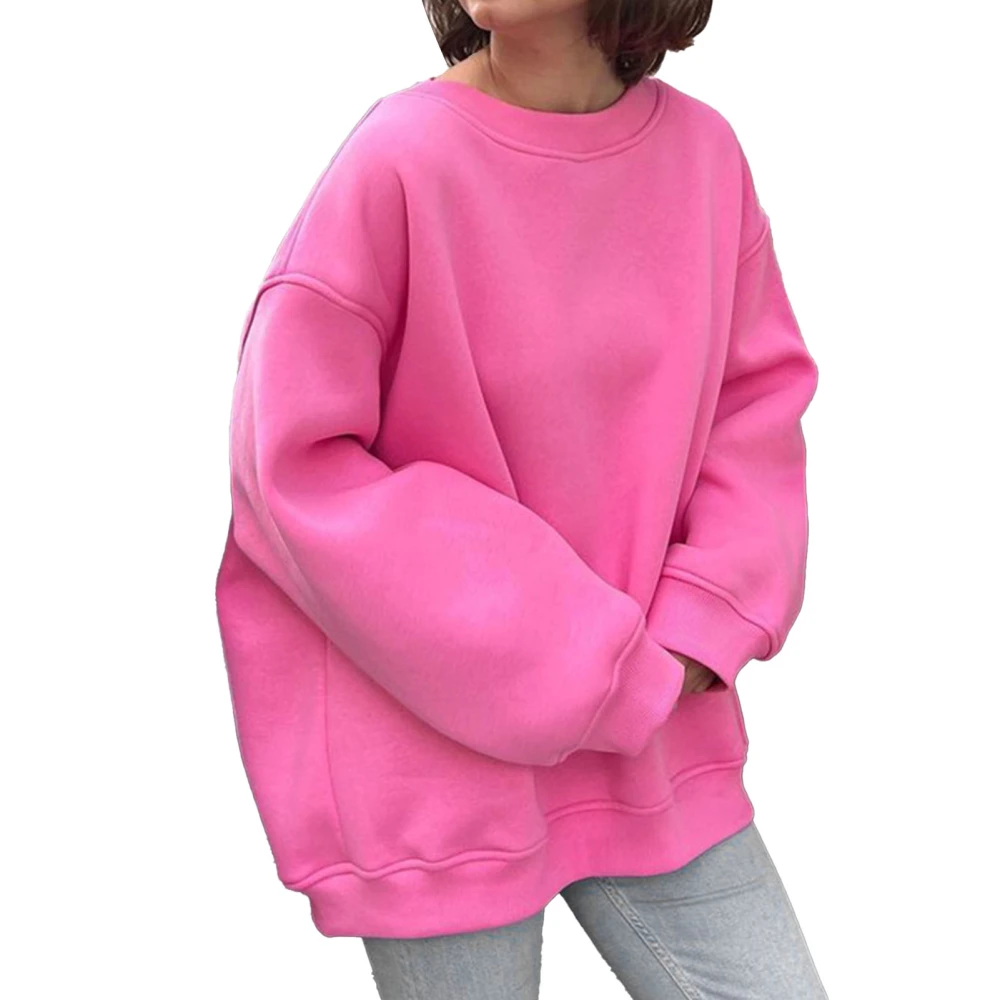 Woman Pure Color Pullover Sweatshirt Oversize Round Neck Rib Knit Fleece Long Sleeve Sweatshirt Pink M