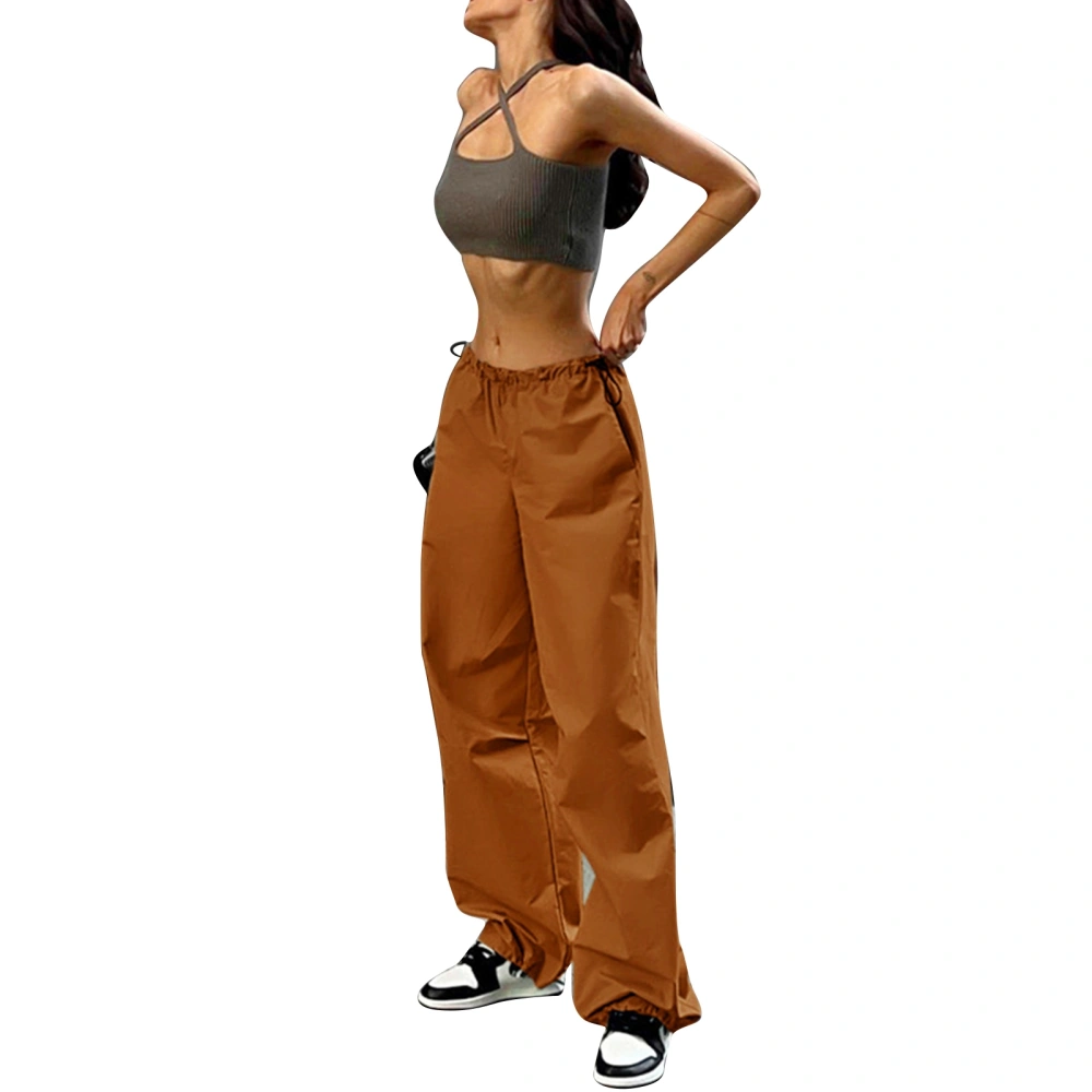 Women Drawstring Elastic Waist Pants Tapered Cuff Loose Fit Jogger with Side Pockets Brown S