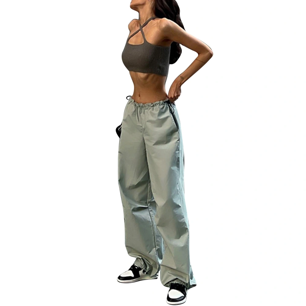 Women Drawstring Elastic Waist Pants Tapered Cuff Loose Fit Jogger with Side Pockets Light Green L