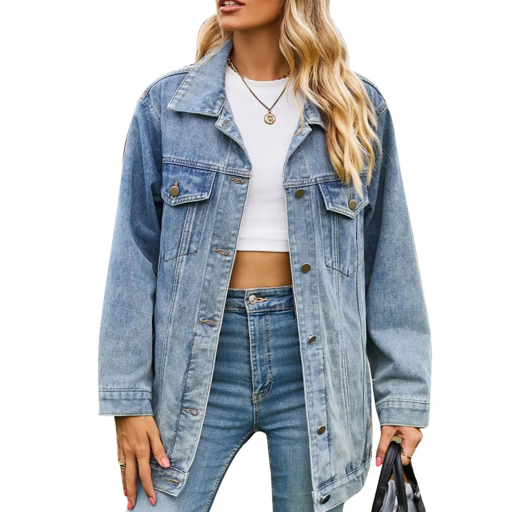 Women Button Up Jacket Long Sleeve Turn Down Collar Loose Fit Causal Outerwear with Chest Flap Pockets Blue L