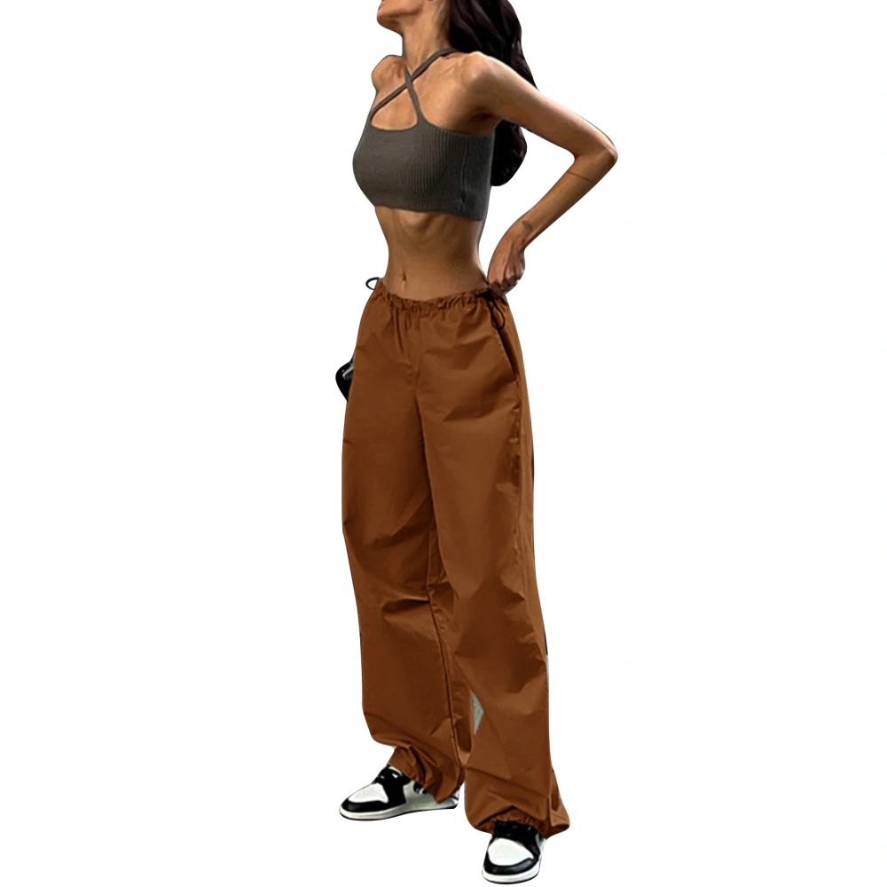 Women Drawstring Elastic Waist Pants Tapered Cuff Loose Fit Jogger with Side Pockets Light Brown S