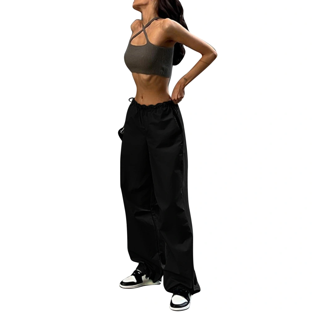 Women Drawstring Elastic Waist Pants Tapered Cuff Loose Fit Jogger with Side Pockets Black M