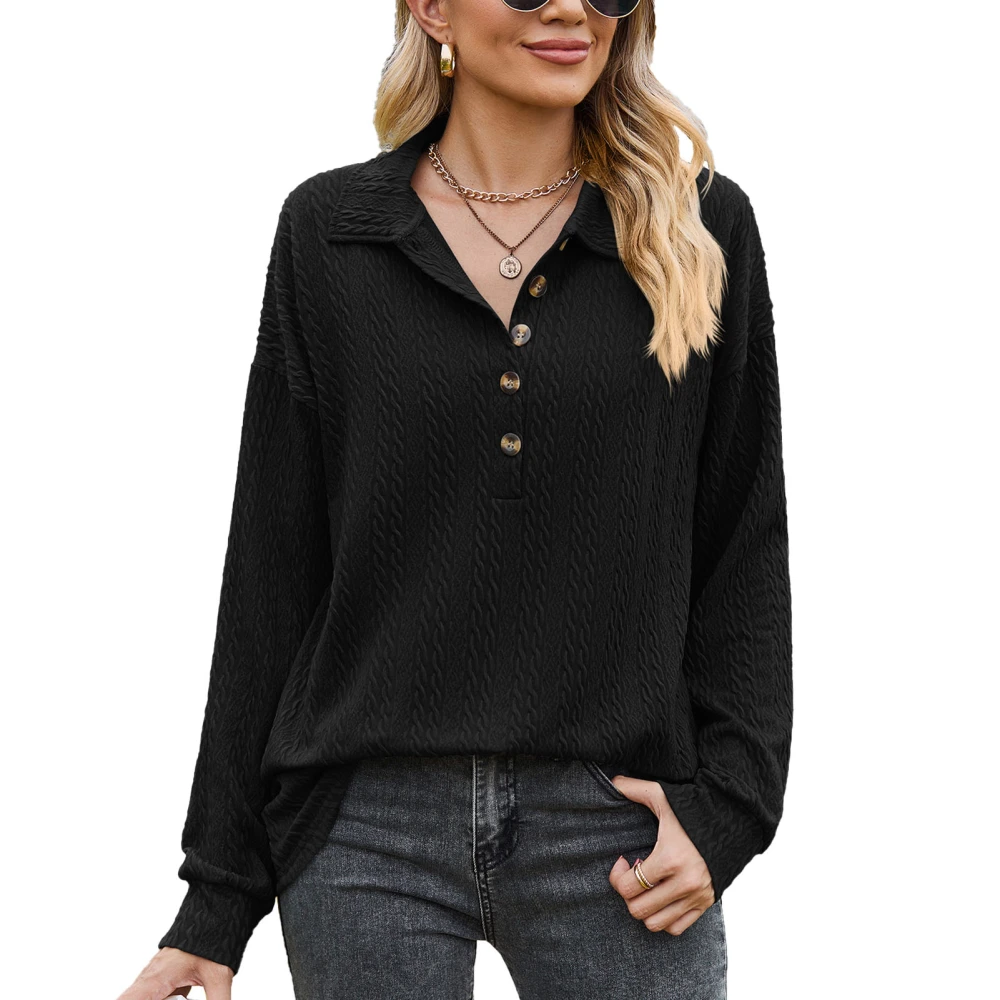 Woman Loose Texture Top Pure Color Button Front Turn Down Collar Long Sleeve Textured Casual Pullover Top Black S