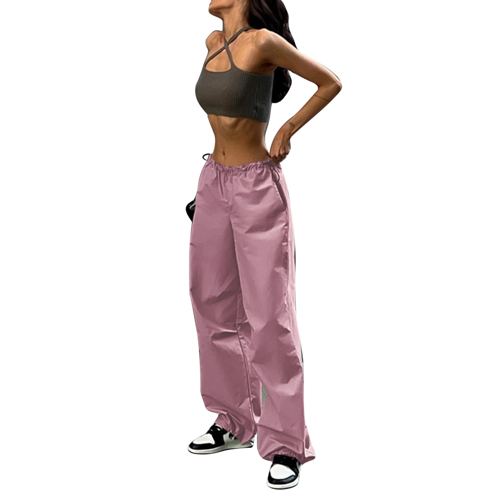 Women Drawstring Elastic Waist Pants Tapered Cuff Loose Fit Jogger with Side Pockets Pink XS