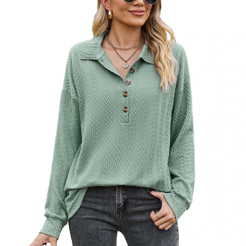 Woman Loose Texture Top Pure Color Button Front Turn Down Collar Long Sleeve Textured Casual Pullover Top Dark Green XXL