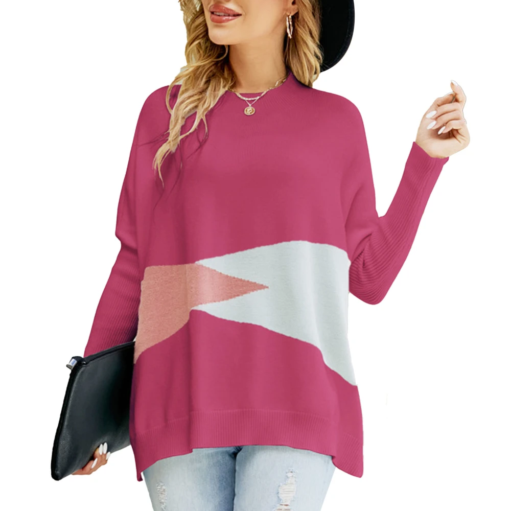 Women Crewneck Sweater Split Hem Color Blocking Long Sleeve Casual Pullover Sweater Rose Red M